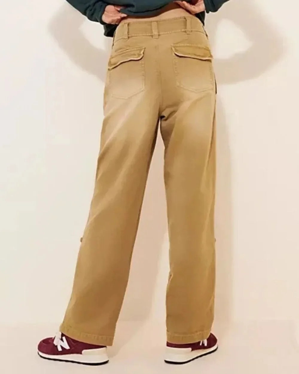 Free People Cleo Washed Chino Pants Straight Leg Tan Khaki Cargo Roll Cotton 4